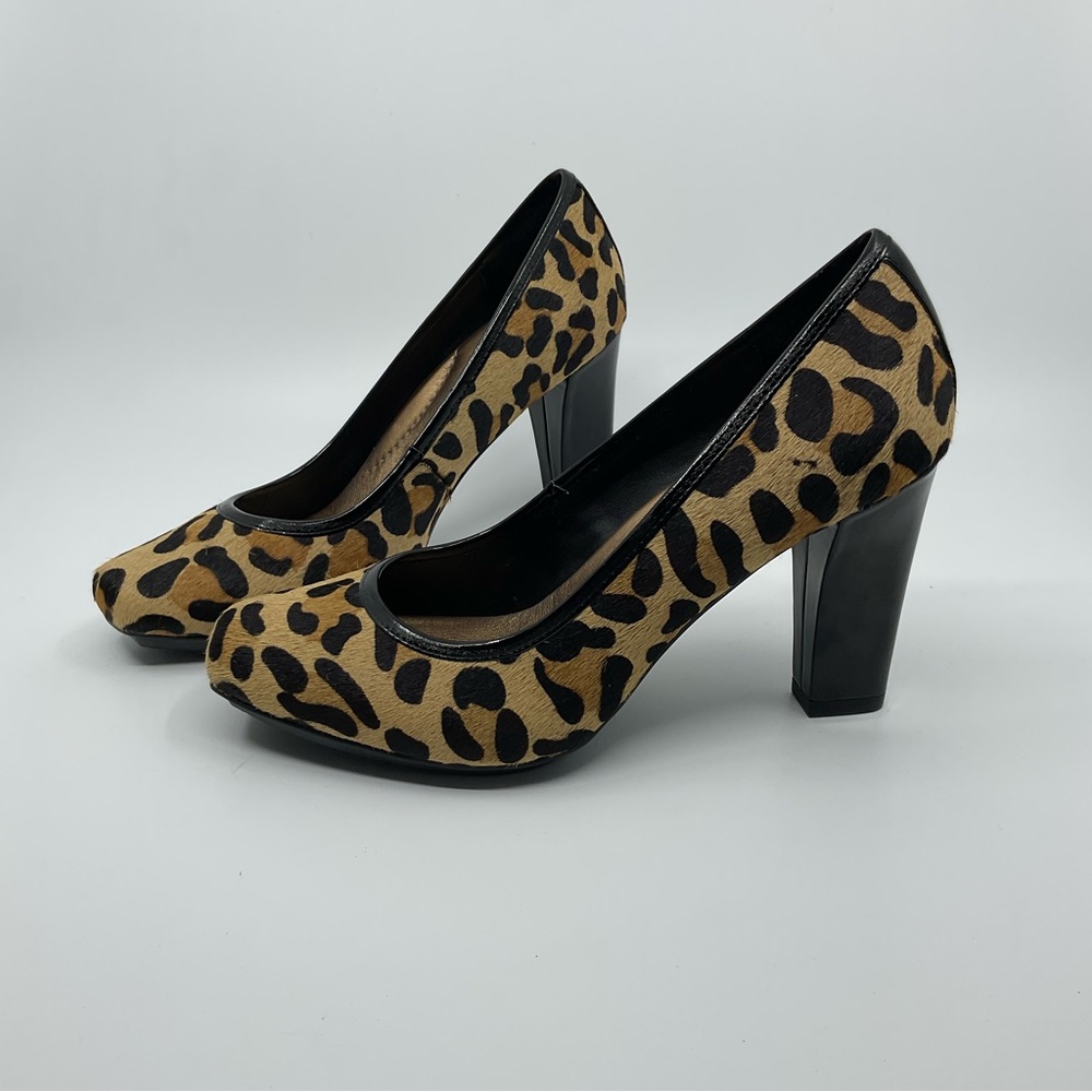 Me Too Petal Leopard Print Calf Hair Block Heel Pumps